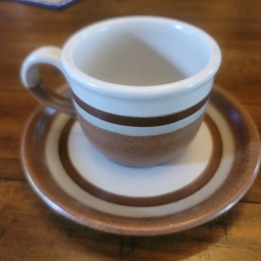 Vintage Otagiri Mocha Coffee Cup And Saucer Stoneware Hand Crafted Brown Stripe